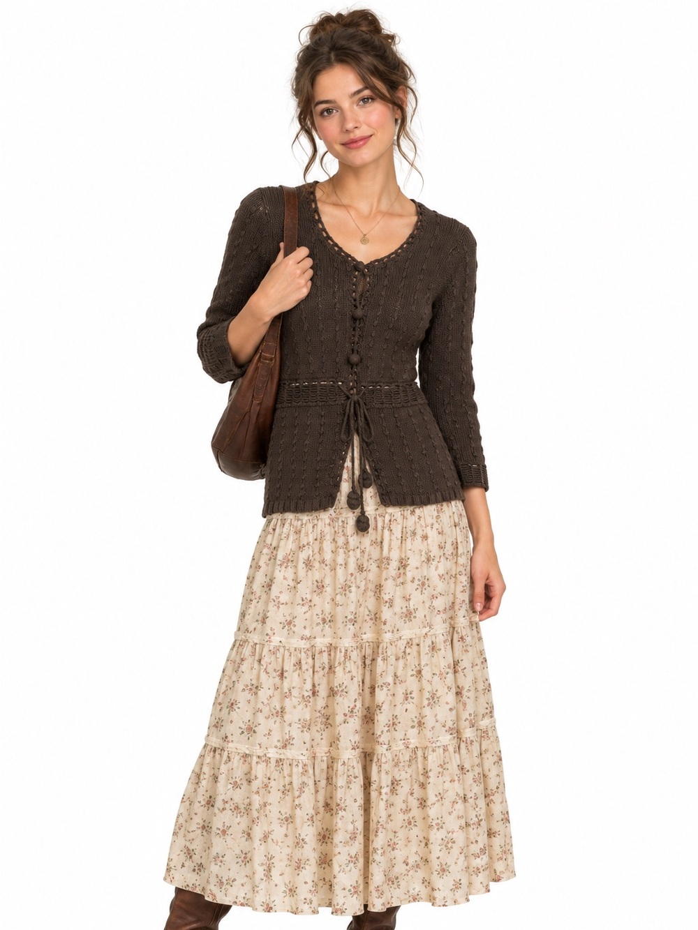 Loft chocolate brown crochet delicate wrap button front cottagecore sweater XS